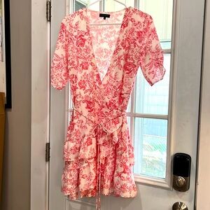 Red toile floral print mini dress